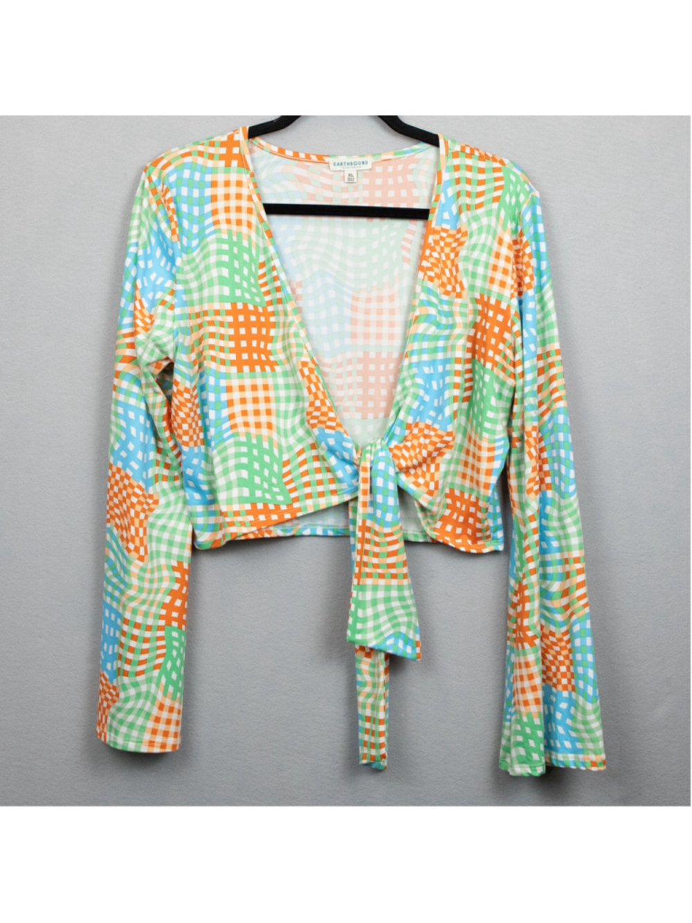 Earthbound Trading Co orange green tie front crop top-XL